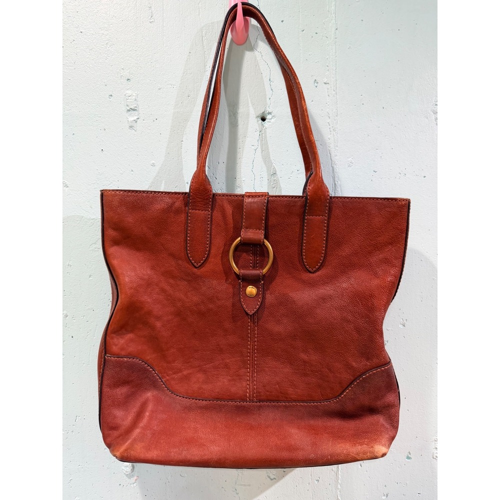 Frye Melissa Cognac Brown Leather Tote Shoulder Bag Ring Detail